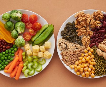 A vibrant flatlay of colorful vegetables and nuts showcasing a balanced diet concept.